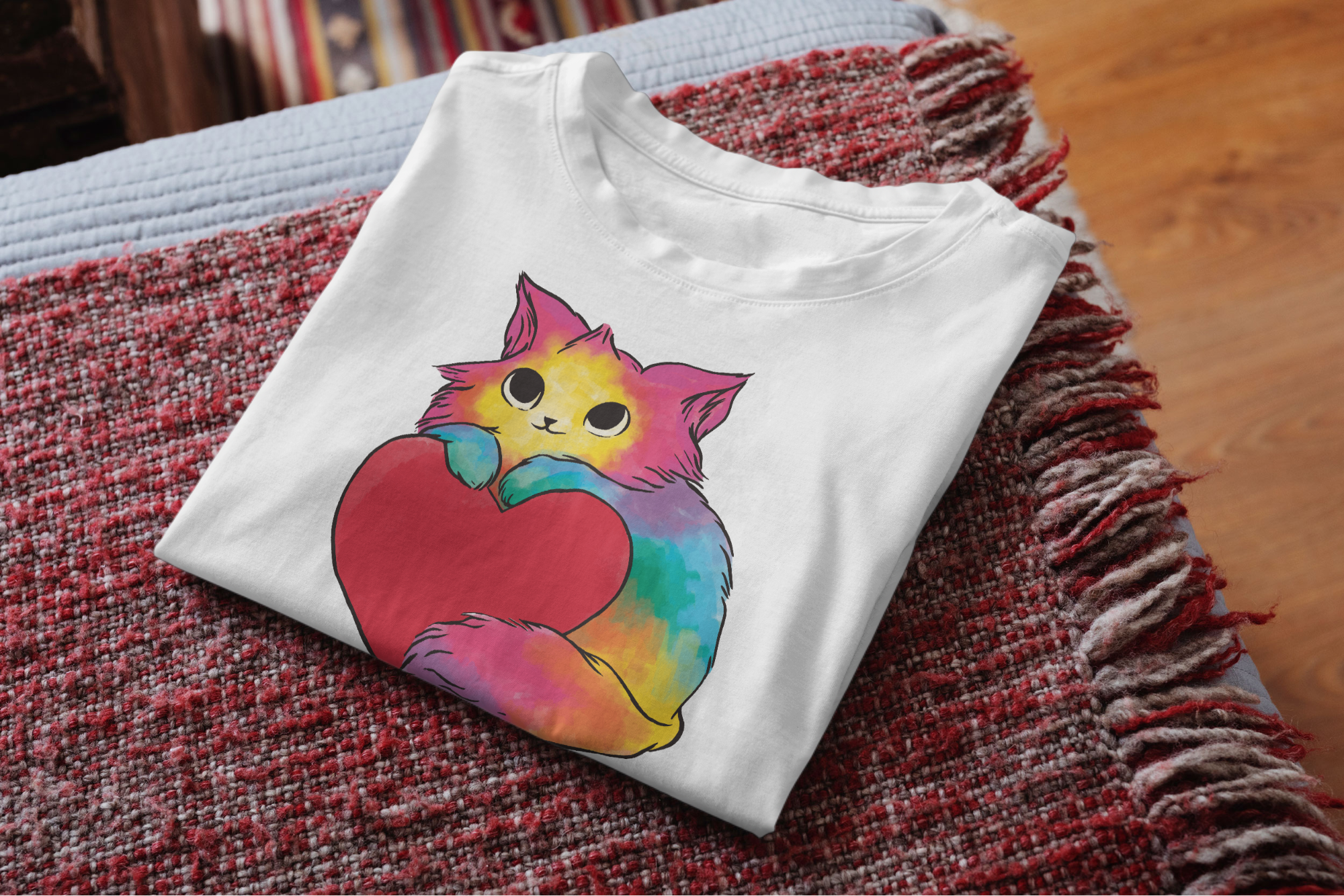 Katze mit Regenbogen-Fell umarmt Herz