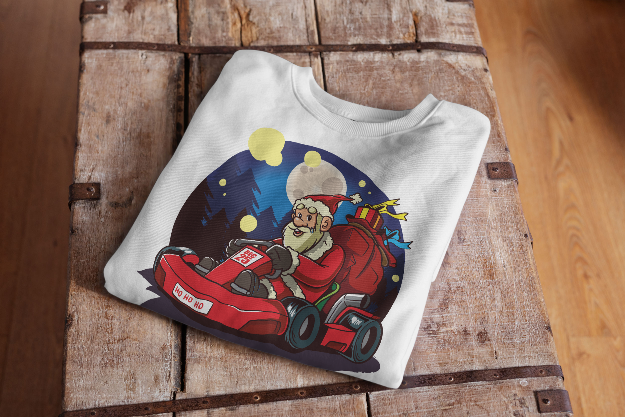 Kart fahrender Weihnachtsmann